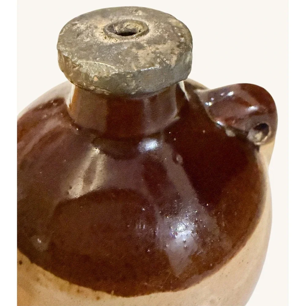 Vintage Miniature Stoneware Crock Jug 1940s Ceramic Metal Top 4.25